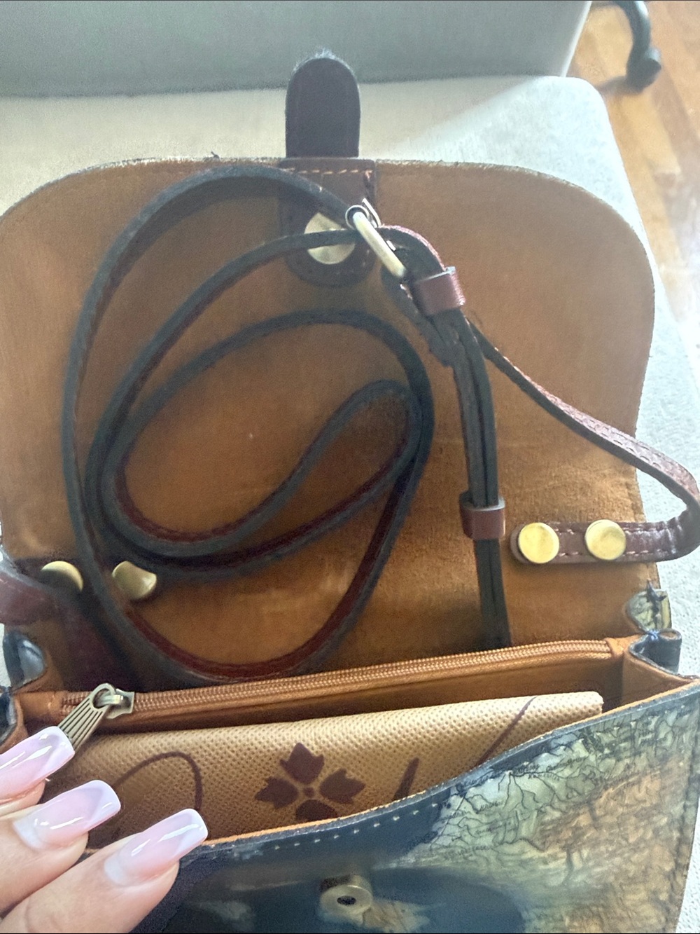 Patricia Nash Navy Map Print Leather Crossbody Wallet with Brown Strap - Picture 4 of 11